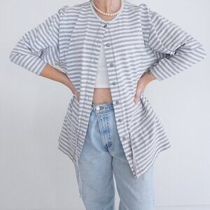 Vintage Eddie Bauer Grey White Button Up String Waist 100% Cotton Shirt M